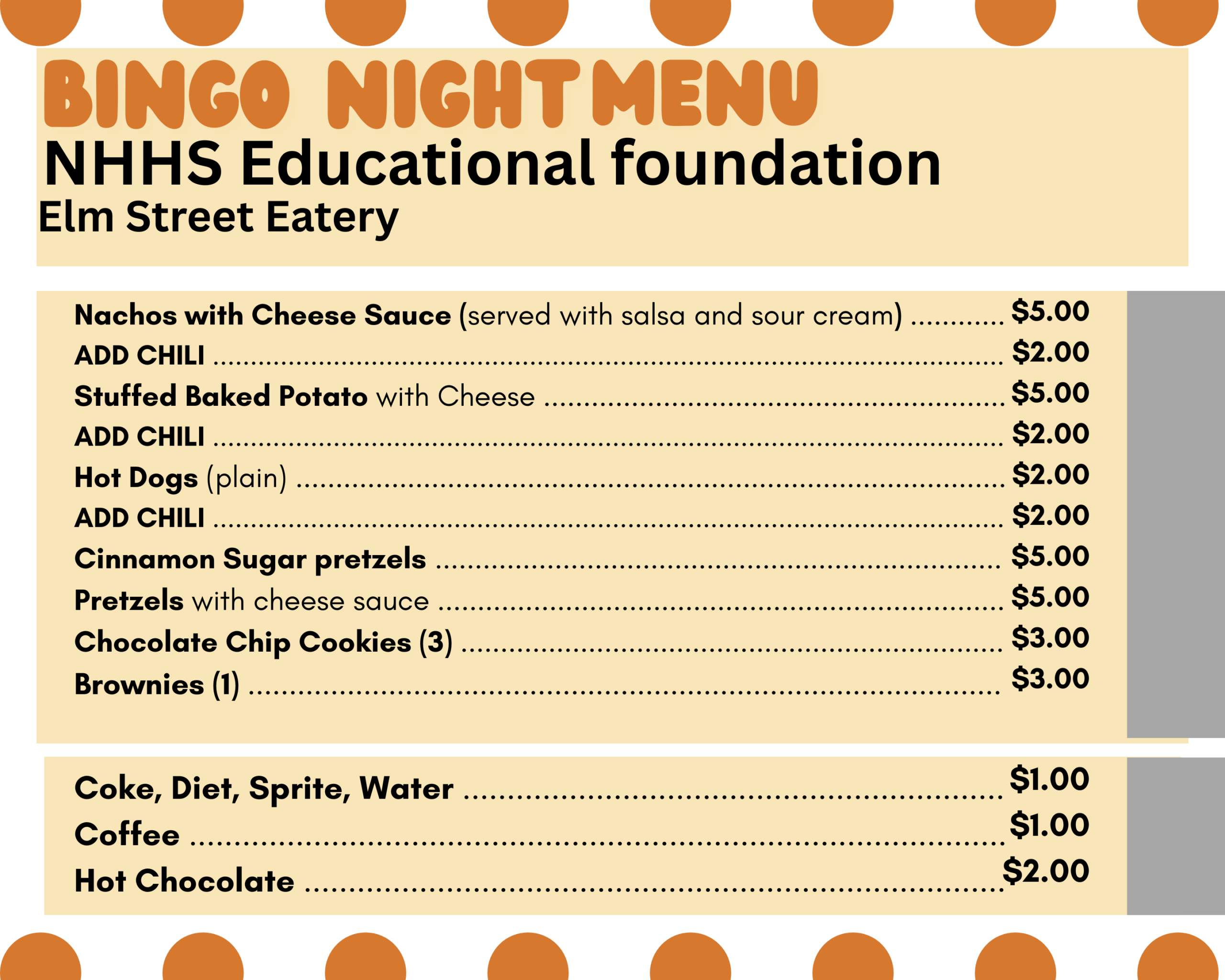 Menu and prices for bingo night